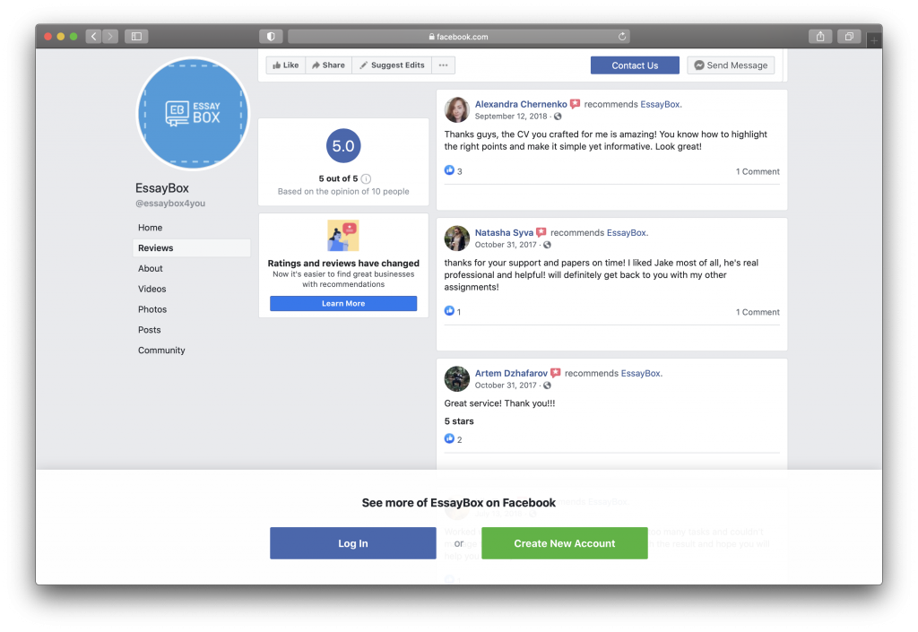 Reviews of EssayBox on Facebook